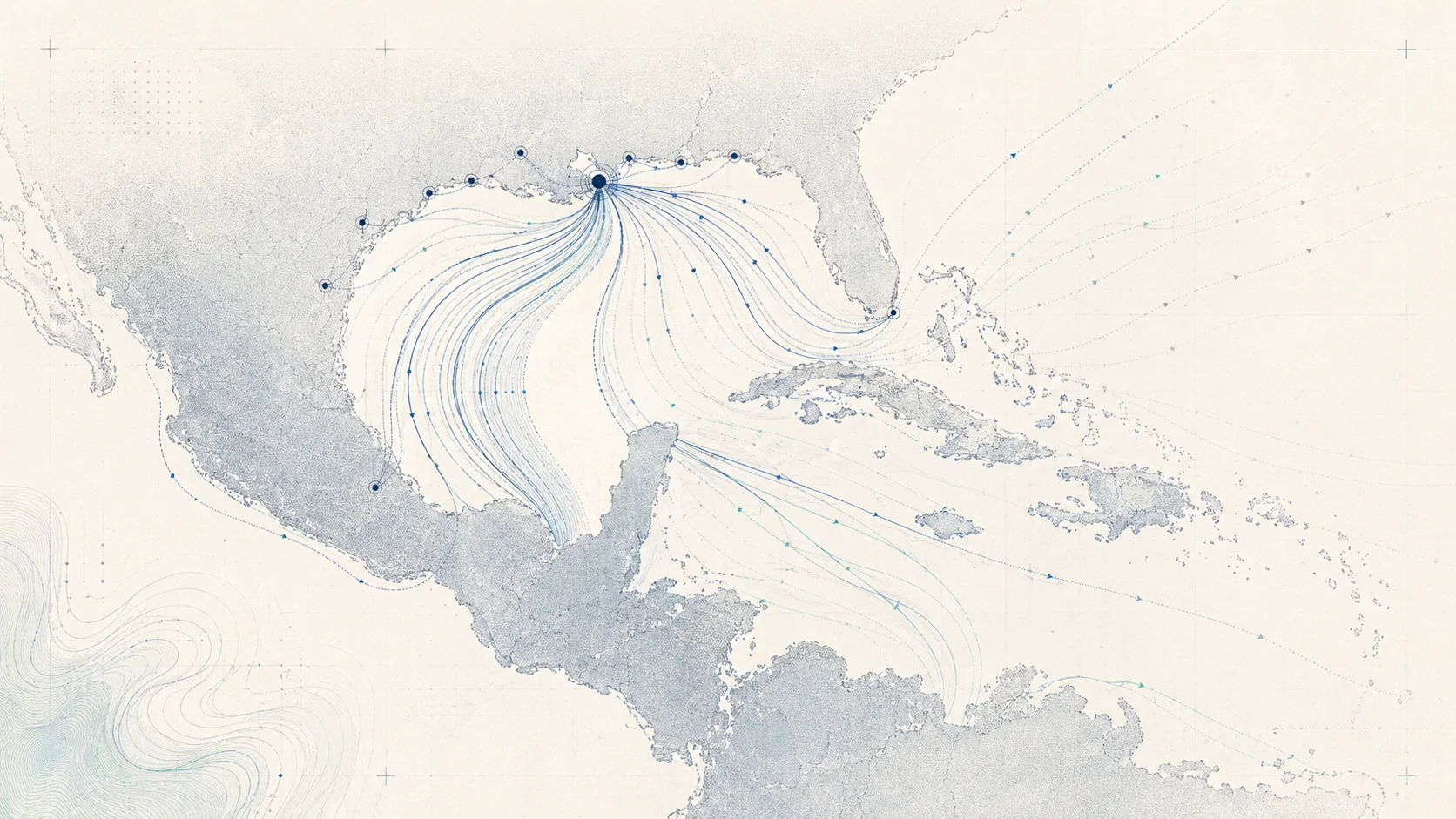 Abstract maritime route field representing US Gulf Coast heavy crude demand