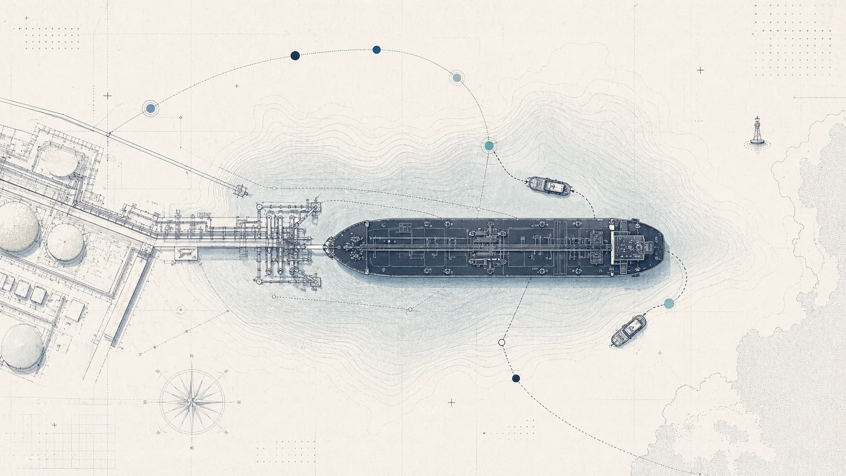 Abstract tanker berth and port-call field representing ship agency operations